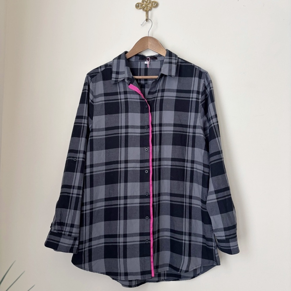 Pearly Vine Black & Grey Plaid Ribbon Trim Button Up Shirt Large Preppy